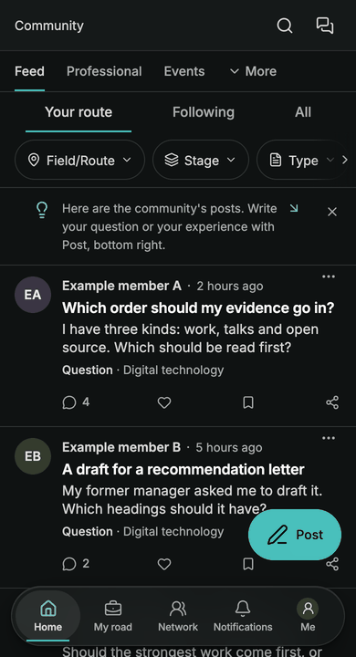 Example screen: the community feed in the member app. Questions from Example member A and Example member B about evidence order and a recommendation letter; the app’s tab bar at the bottom.
