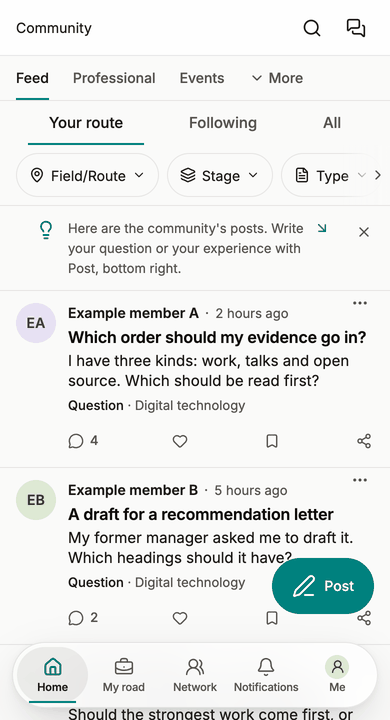 Example screen: the community feed in the member app. Questions from Example member A and Example member B about evidence order and a recommendation letter; the app’s tab bar at the bottom.