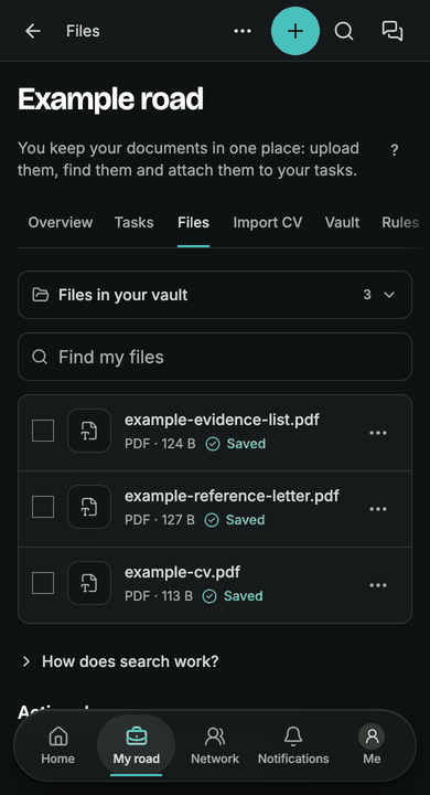 Example screen: the files in the vault. Three PDFs named example CV, example reference letter and example evidence list, each marked saved.