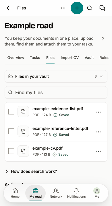 Example screen: the files in the vault. Three PDFs named example CV, example reference letter and example evidence list, each marked saved.