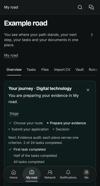 Example screen: the My road overview. The stages of the UK Global Talent digital technology route, the next task, and 2 of 24 tasks done.