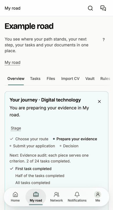 Example screen: the My road overview. The stages of the UK Global Talent digital technology route, the next task, and 2 of 24 tasks done.